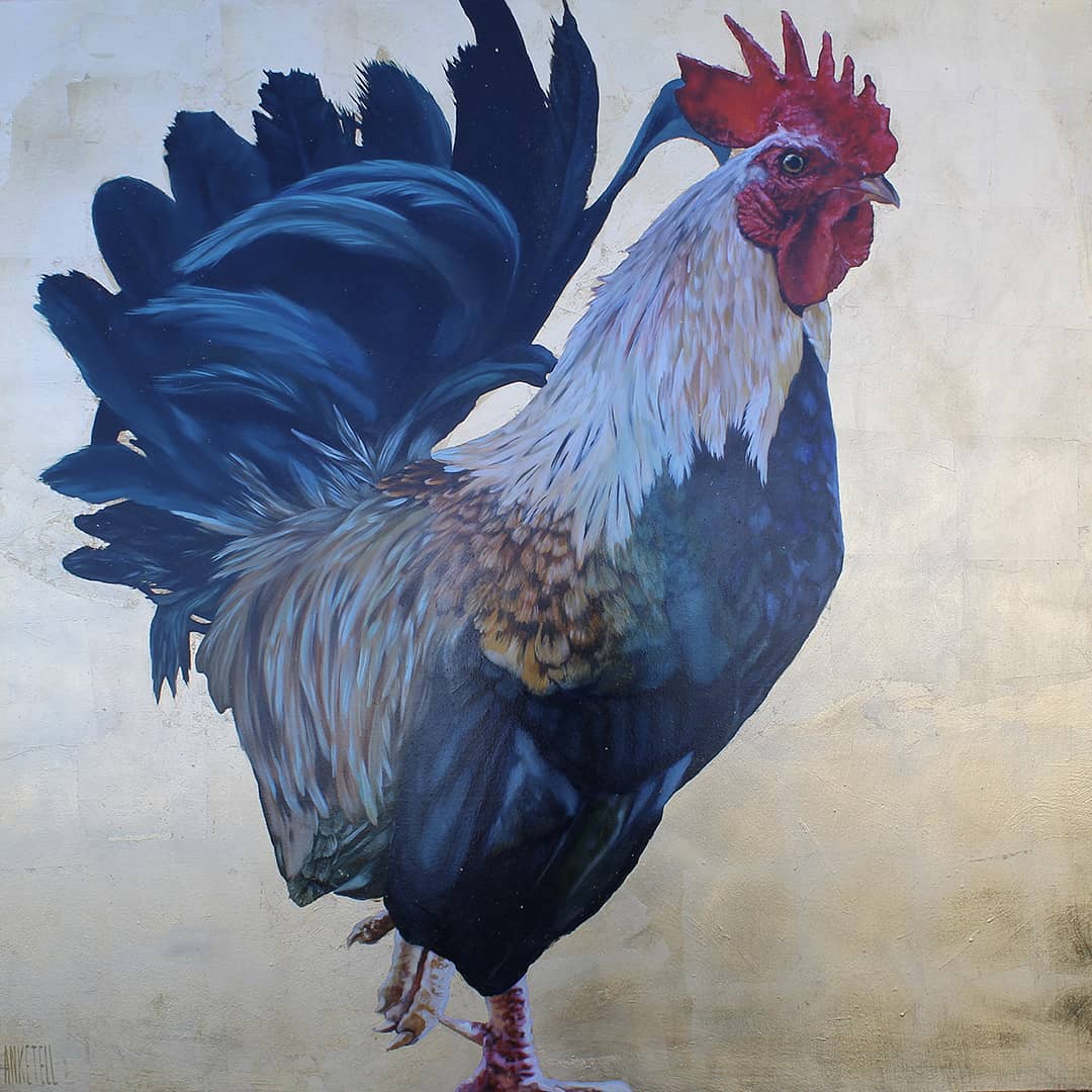 “A tribute to my rooster who truly loved his hens. Never eating before his girls and always a calm protector.”– LEAH ANKETELL 
​
​Works by Leah are discounted for our Mid-Year SALE ending July 16th! 
​'Gentleman of Willowbank' - 120 x 120cm oil and gold leaf on canvas was $ 5,800.00
SALE PRICE $ 4,060.00
​
​Free packing and shipping Australia wide we also freight worldwide

​​​