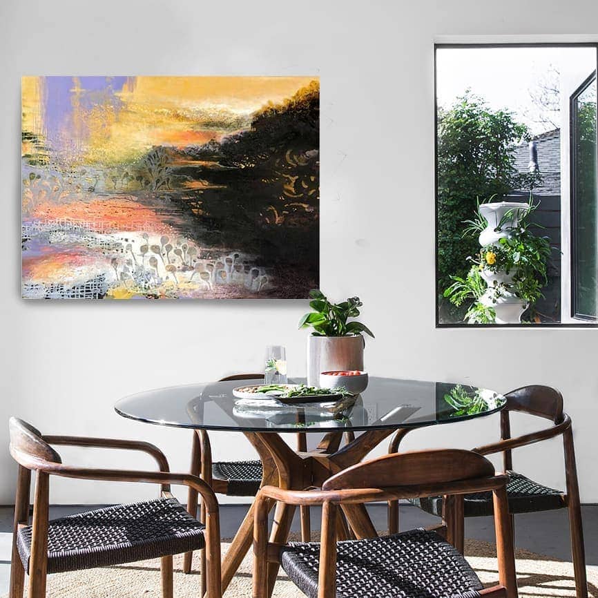 ASTRID DAHL'S 'On the edge of the Lake' 113 x 150cm 	acrylic, oil and mixed media on canvas $ 7,900.00
​
​Astrid uses colours of the earth together with sensual textures, to map the layering of the earth, in both ancient depths and modern growth. Her work is filled with poetry, myth and perspective dualities.
​
​